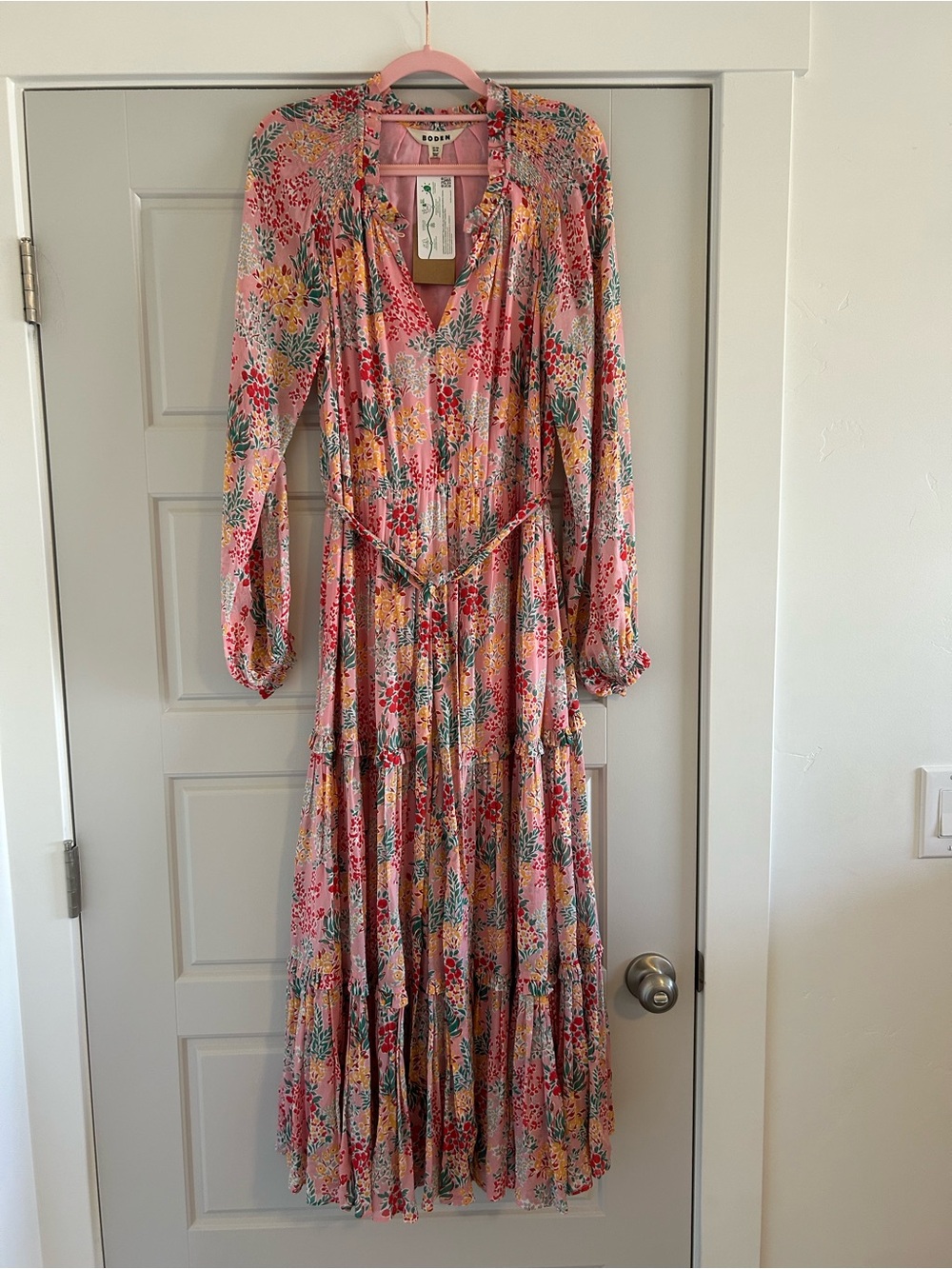 Boden Pink Floral Smocked Tiered Ruffle Maxi Dress 6